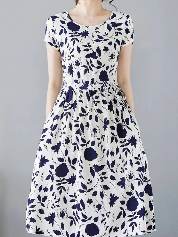 casual-cotton-silk-short-sleeve-women's-dress-summer-new-style-fashion-loose-slimming-waist-cinch-over-knee-midi-length