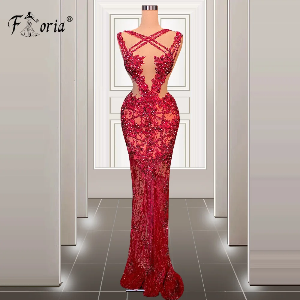 Abito da sera da sposa a sirena rossa trasparente Appliques di pizzo di cristallo abito da cerimonia Sexy Illusion abiti da spettacolo Robe De Soiree