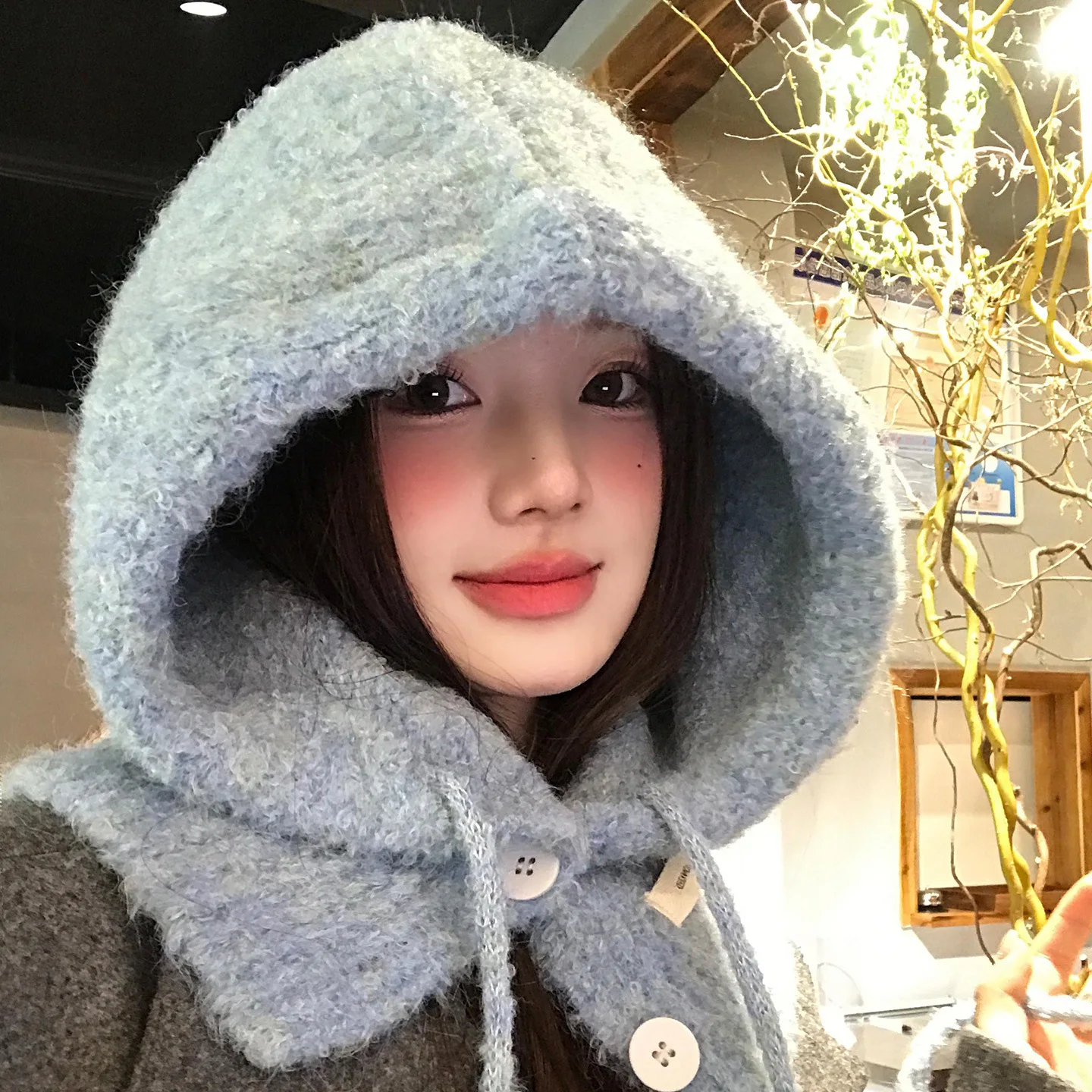 Korean Solid color Women Balaclava Plush Winter Warmer Knitted Pullover Hat Hat and Scarf Integrated Knitted Beanies Outdoor