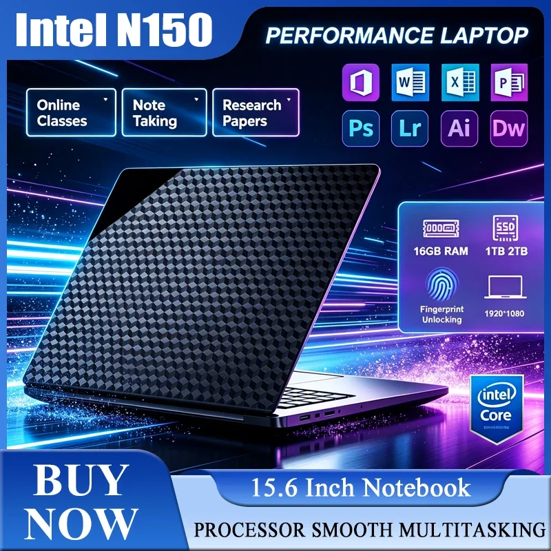 New 15.6'' Laptop Intel Core N150 32GB 2TB Gaming PC Ultra Slim Office Study Computer PC Windows 11 Pro 1920*1080 HD