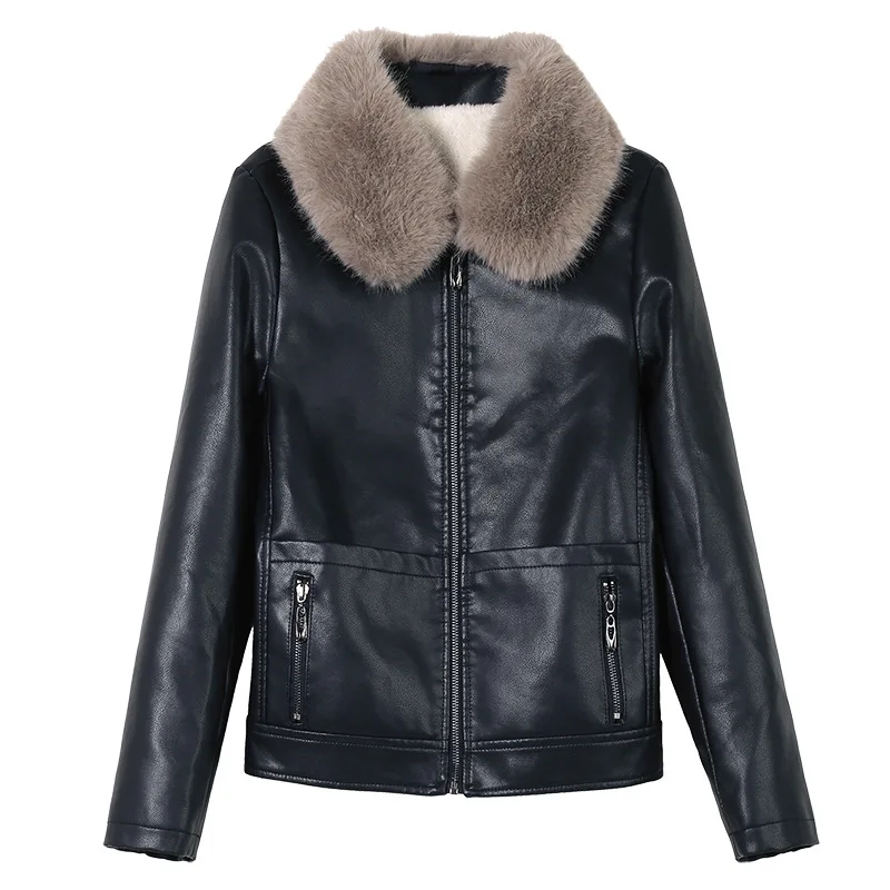 春秋の女性の模造革ジャケット新しいラペルジッパーショートジャケット冬のベルベット暖かい PU レザーコート女性の上着