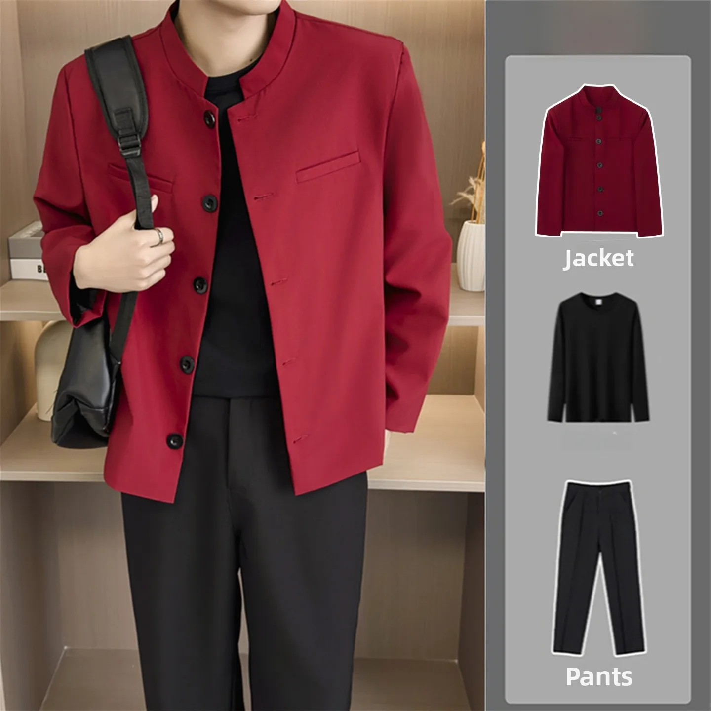 

New Chinese Sle Men's ort Tailored Jaet Red Zhongan Suit Casual Slim Fit Stand Collar Autumn Outerwear Ensemble