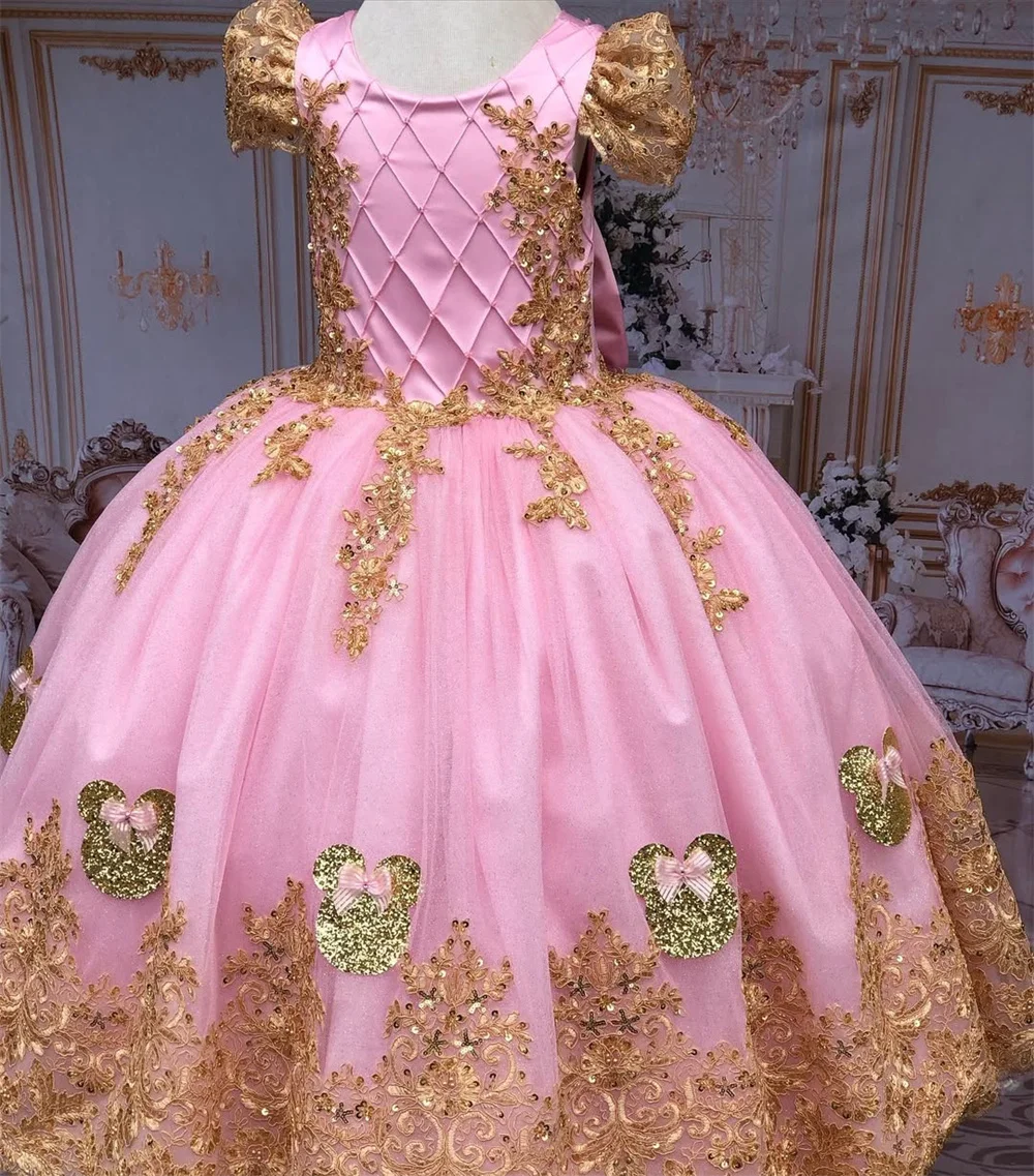 

Shiny Golden Sequined Applique A Line Long Ball Princess Flower Girl Dress Short Sleeve Formal First Communion Dress Customized