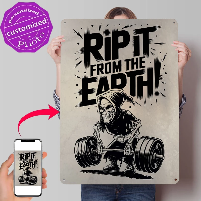 Grim Reaper Weightlifting Metal Poster Customized Wall Art Retro Vintage Metal Signs for Man Cave Aesthetic Decoration Room Home
