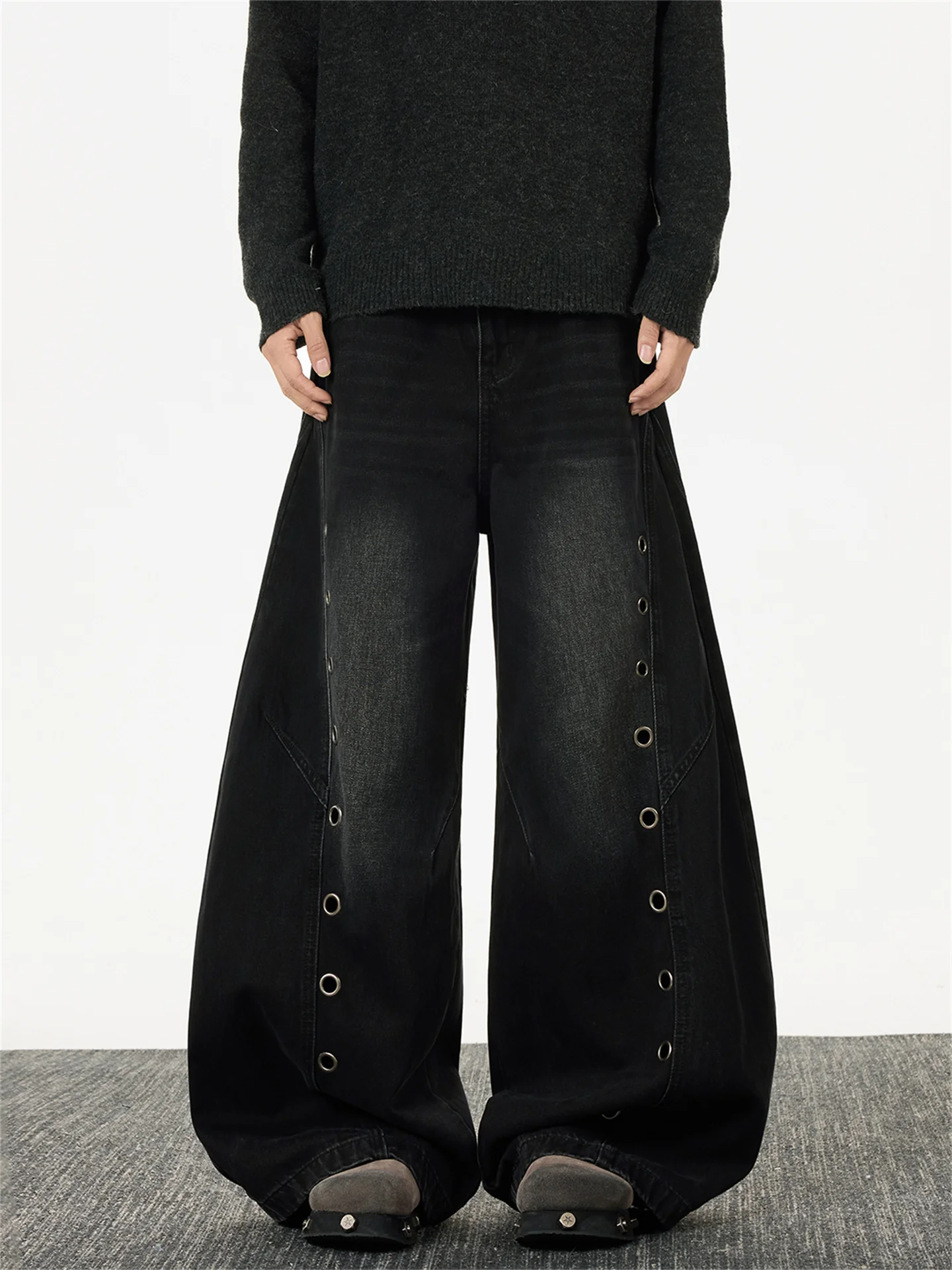 

Retro American Washed Black Knife Men's Jeans Street Style Buckle 3D Tailoring Loose Silhouette Wide Leg Long Pants