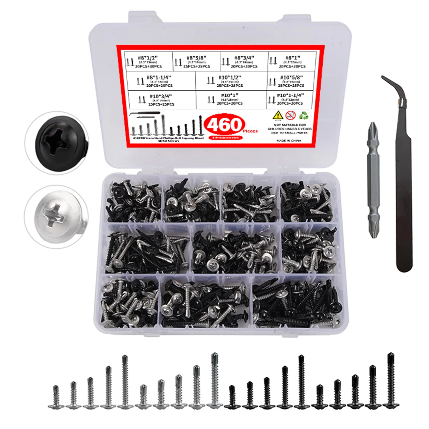 460 قطعة M4.2 M4.8 الجمالون رئيس الذاتي التنصت مسامير مجموعة متنوعة 410 الفولاذ المقاوم للصدأ الذاتي الحفر المسمار للصفائح المعدنية والخشب #1