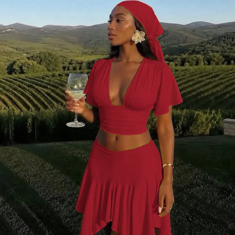 Women Fashion Solid 2 Piece Set Sexy V Neck Half Sleeve Backless Ruched T-shirts Crop Tops + Skinny Calf Length Pants Suits