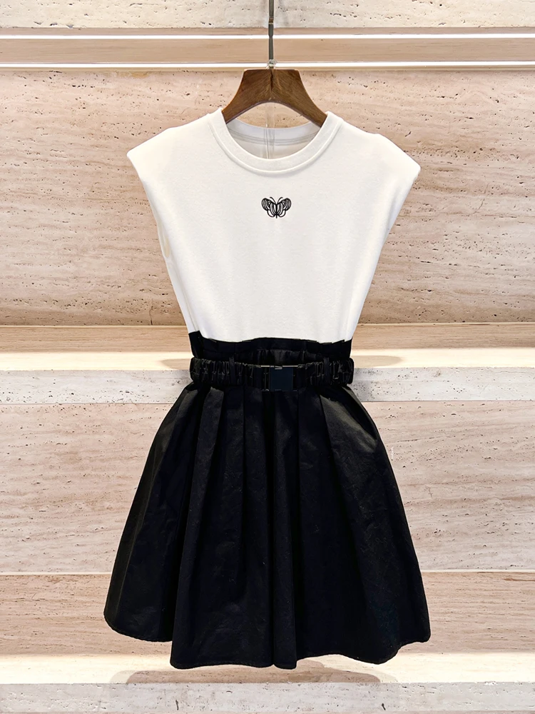 

Ele High-Waist Embroidered Beltl Vest Dr for Women Summer Design Sensation Svel Commute Simple Sle ort Skirt