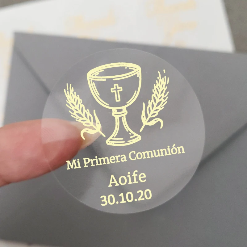 Adesivos Personalizados em Folha de Ouro, Adesivos para Primeira Comunhão, Etiquetas para Lembrancinhas de Batismo, Batizados, Confirmações, 50 Peças