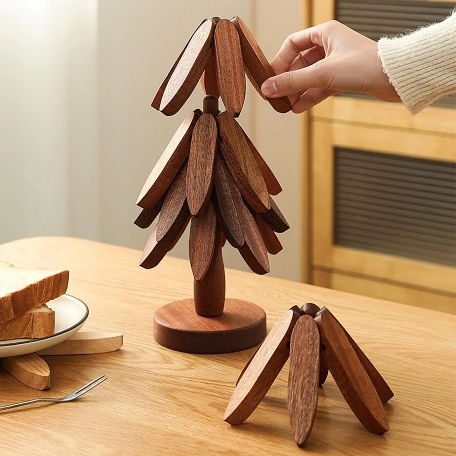 Wooden Tree Coasters Wood Heat Protection Holder Foldable Christmas Coasters For Hot Dishes Bowls Cups Drinks Teapots Tableware