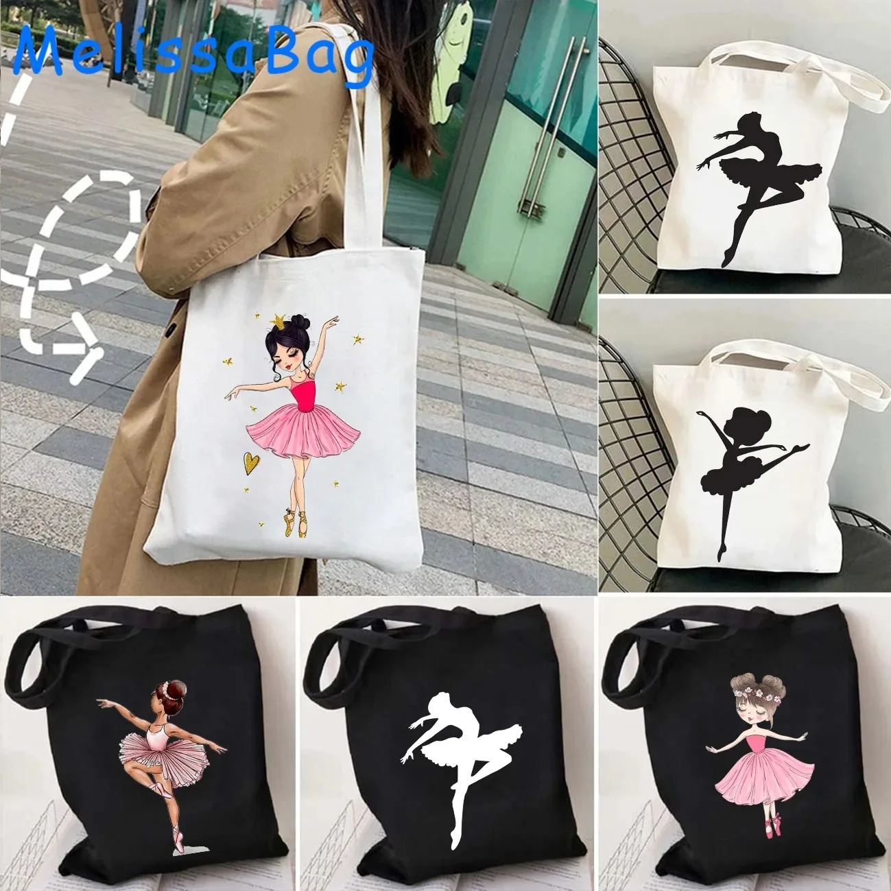 

Ballerina Girl Silhouette Canvas Shoulder Tote Bag Hearts Love Dance Ballet Dancer Gymnastics Cute Gifts Harajuku Cotton Handbag