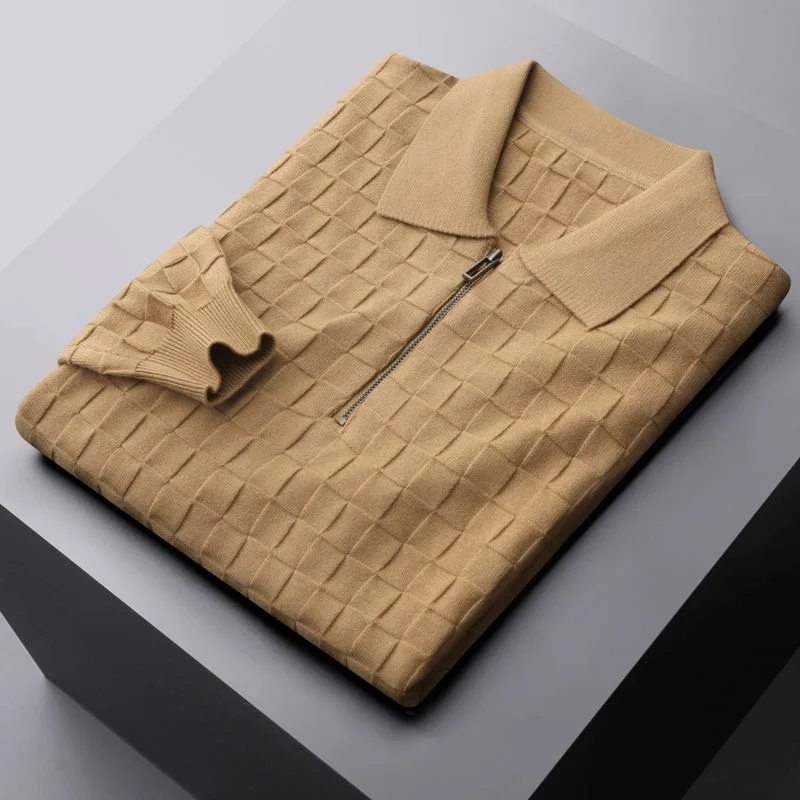 

and American European light luxury fashion lattice warm sweater men's zip Lapel polo shirt casual Pullover long sleeve T-shirt