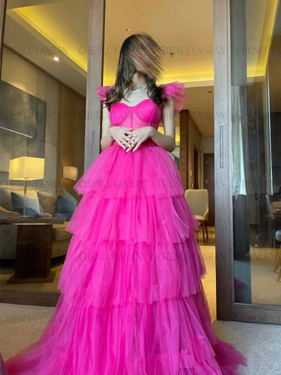 

Hot Pink Fashion Formal Occasion Dresses 2023 Sweetheart Tiered Long Party Dress Tulle A-Line Sexy Evening Gowns فساتين حفلات