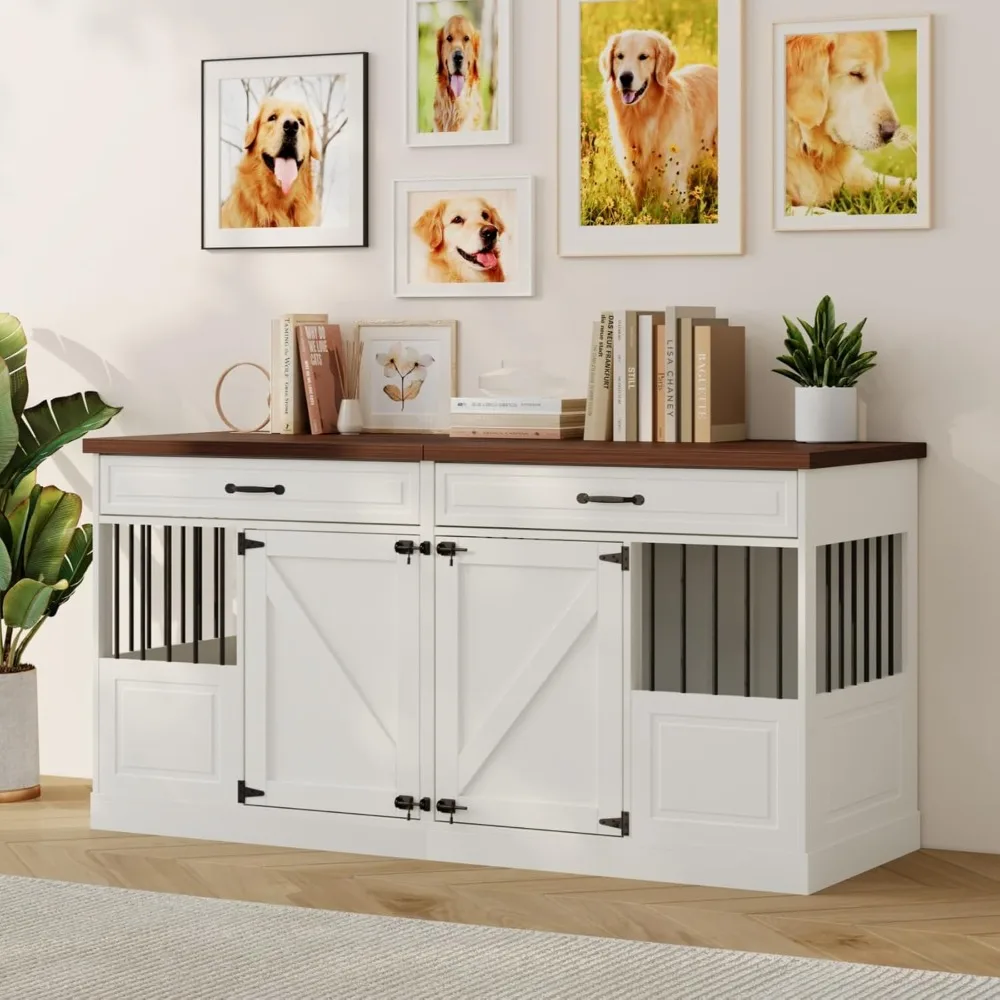 

Very /Large Dog Crate Furniture - Wooden Indoor Dog Kennel Furniture For 2 Dogs With 2 Drawers And Removable Divider, Heavy Duty