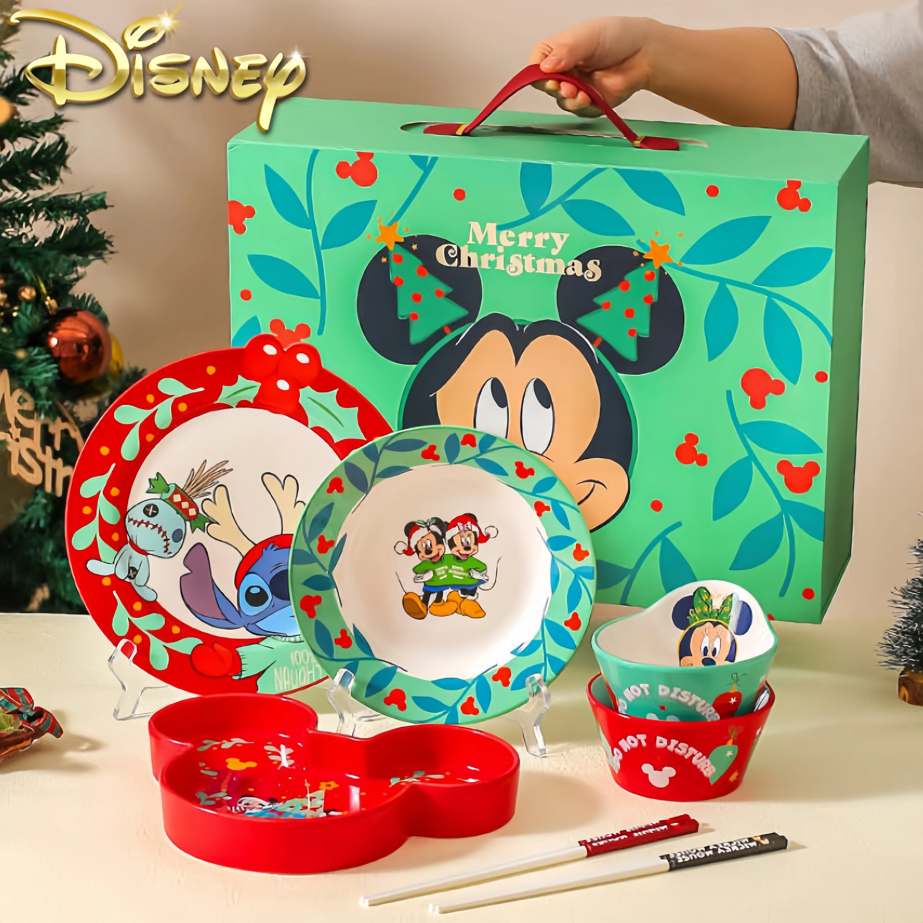 2024 New Disney Tableware Mickey Minne Bowl Spoon Plate Cartoon Kawaii Ceramic Tableware Kitchen Utensil Set Food Storage Gifts