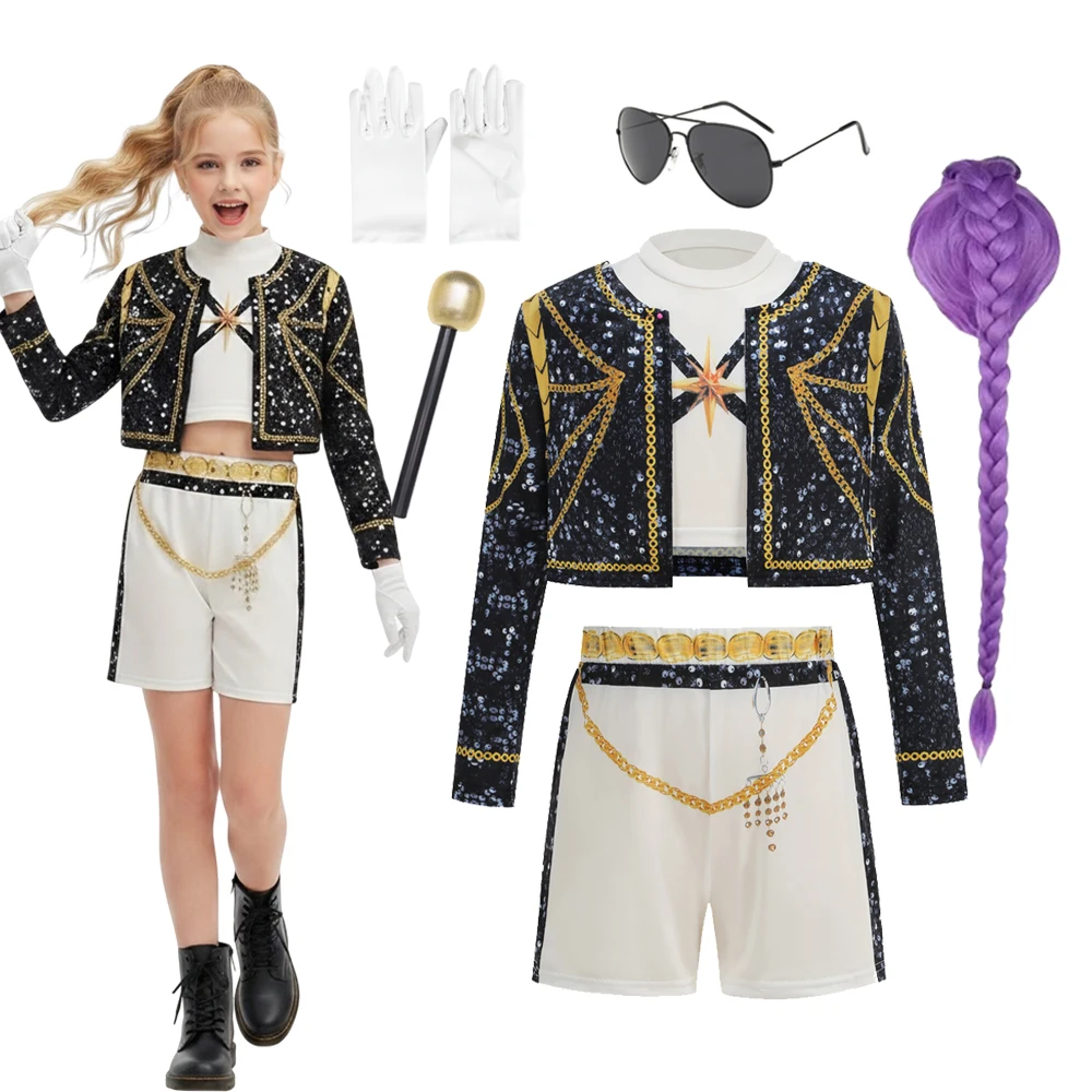 Conjunto de 3 Piezas para Niñas, Disfraz de Halloween, Chaqueta, Falda y Pantalones Cortos, Traje de Baile Coreano, Disfraz de Cantante, Traje para Actuación en Escenario