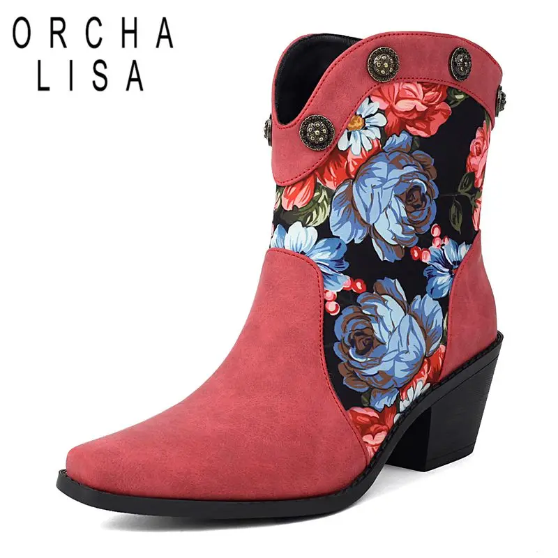 ORCHALISA Design Female Western Boots Square Toe Block Heel 6cm Flower Rivets Slip On Big Size 45 46 47 Casual Daily Ankle Booty