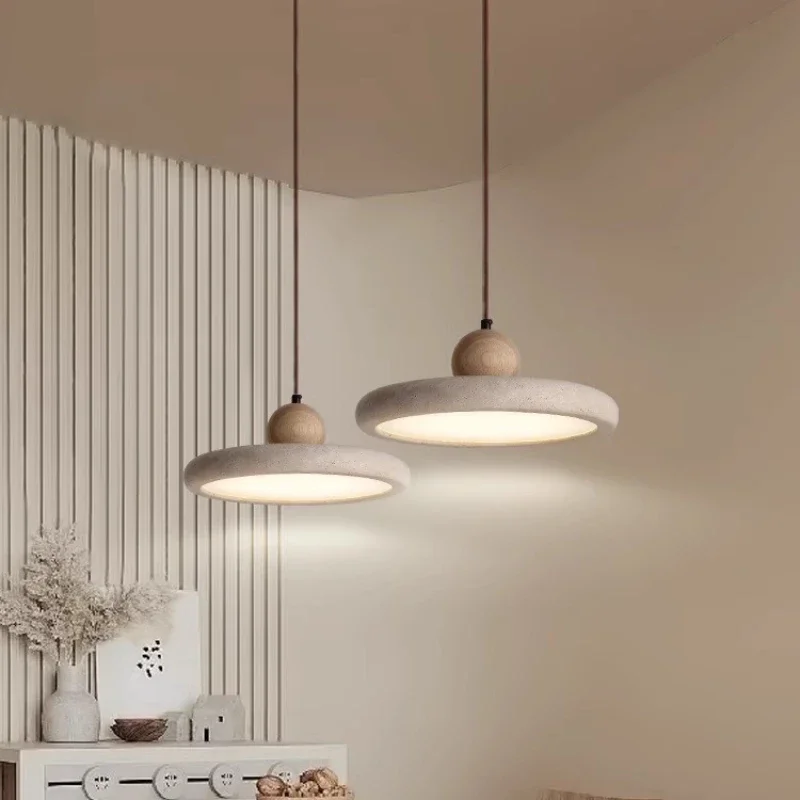 Led Pendant Lamp Creative UFO Round Bedroom Beside Chandelier Stone Restaurant Dining Table Light Log Wood Walnut Color 30 40cm