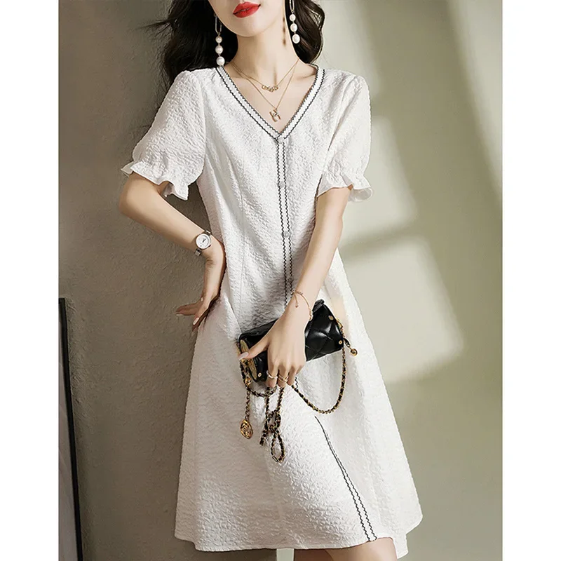 

V-Neck Button Loose Folds Ruffles Mini Dress Women's Clothing 2023 Summer New Short Sleeve Office Lady Elegant Dress XT1411