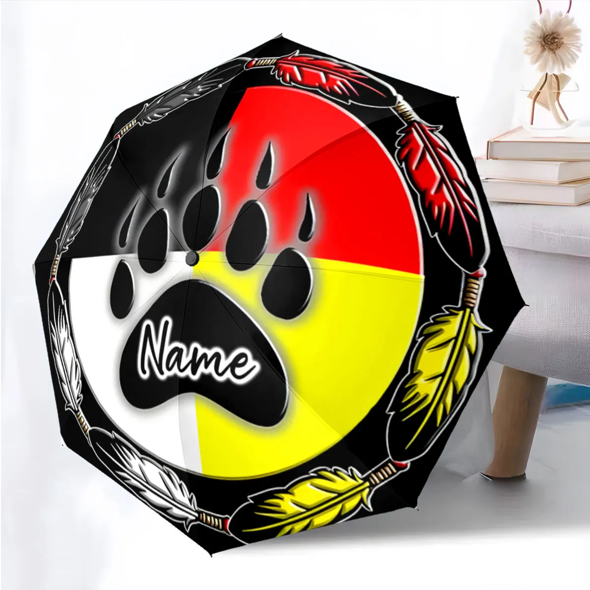 Custom Name Bold Tribal Umbrella Design Featuring Feathers and Paw Print 8Iron Ribs Folding Umbrella Auto-Open Fashion Sunshade