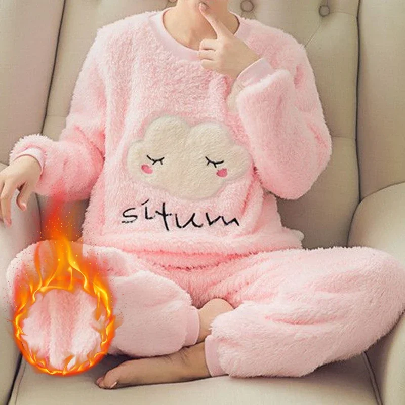 

Autumn Winter Flannel Women's Pajamas Sets Cute Pattern Printed Sleepwear Velvet Homewear Set Girl Pijamas Mujer Pyjama Set