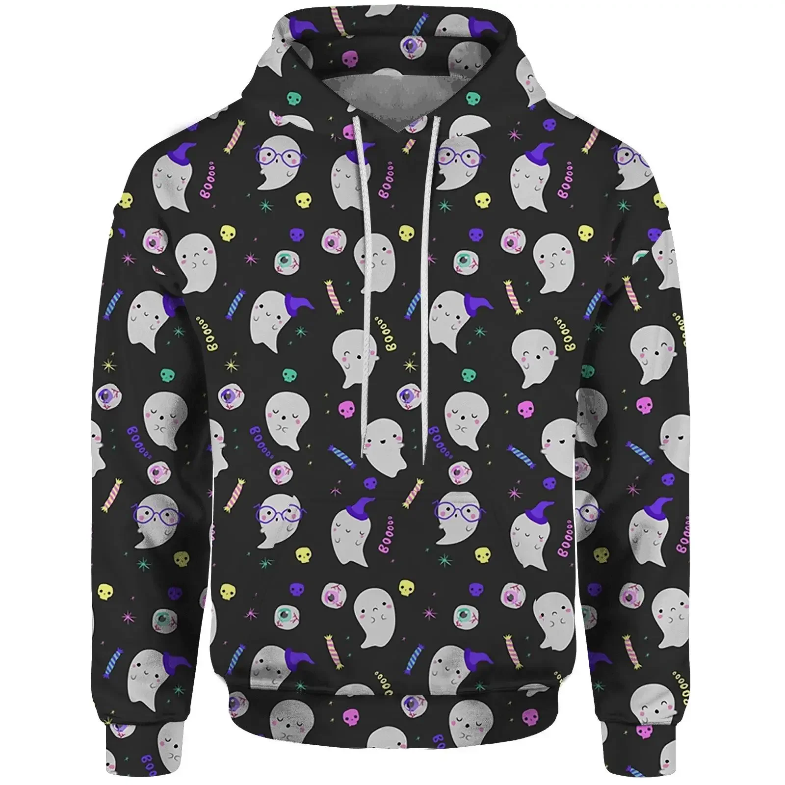 Men Halloween All Over Print Hoodie Ghost Bat Pumpkin Skull Cat Pattern Long Sleeve Casual Party Sweatshirt