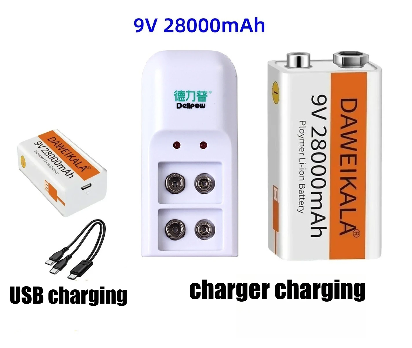 Bateria Recarregável de Íon de Lítio 9V de Longa Duração 28000mAh de Alta Capacidade para Guitarra, Microfone, Detector de Fumaça, Pedal com Cabo