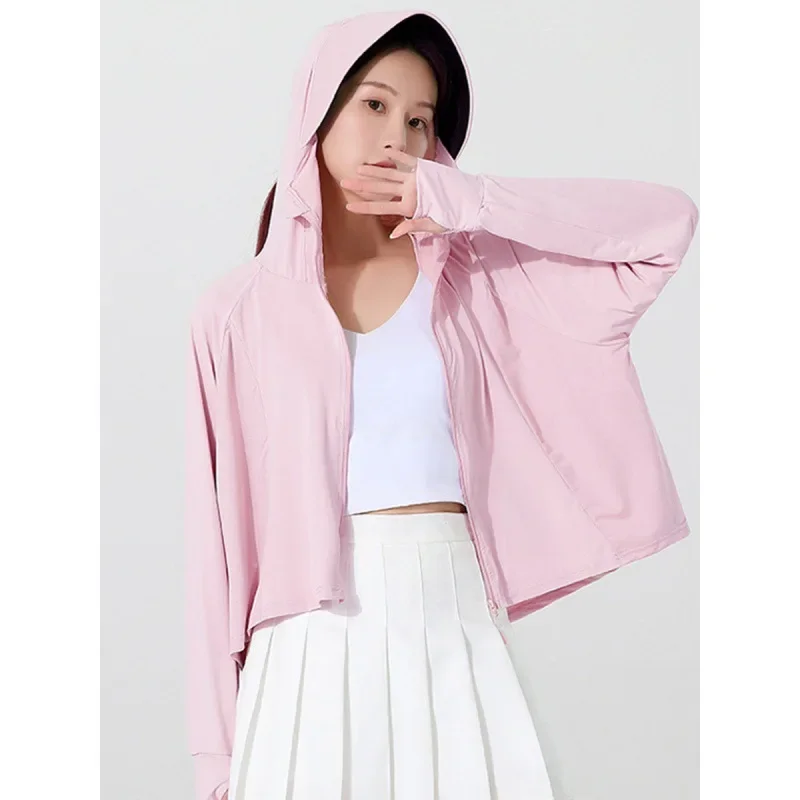 Summer UPF50 + Women Sunscreen Hoodie Long-sleeved Solid Color and Thin Jacket Breathable UV Protection Coat Ice Silk Clothing