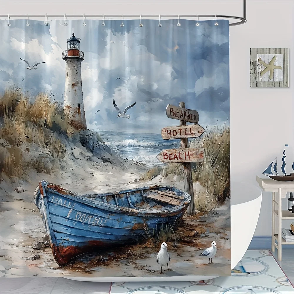 Coastal Lighthouse Shower Curtain, Blue Wooden Boat and Seagull Beach Theme Shower Curtain