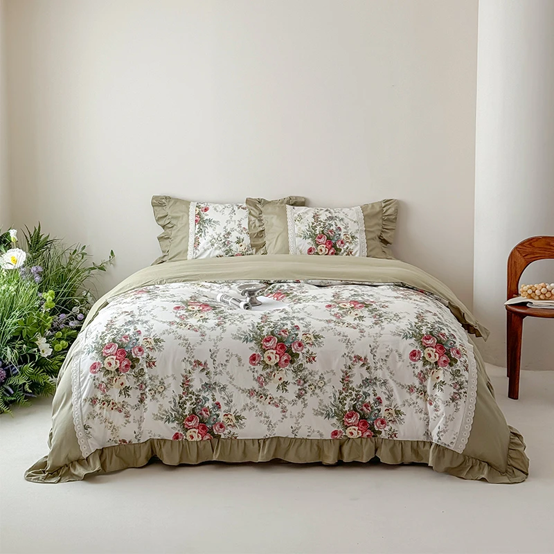 

100%Cotton French farmhouse Pastoral Style Bedding Set Chic Ruffles Duvet Cover Bedskirt Pillowcases 4Pcs Double Queen King size