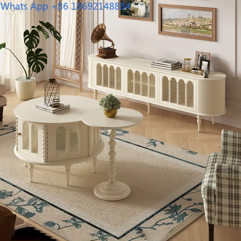 French Style Creamy Wooden Luxury TV Cabinet for Small Living Room American Retro Birch Lacquer Storage Furniture