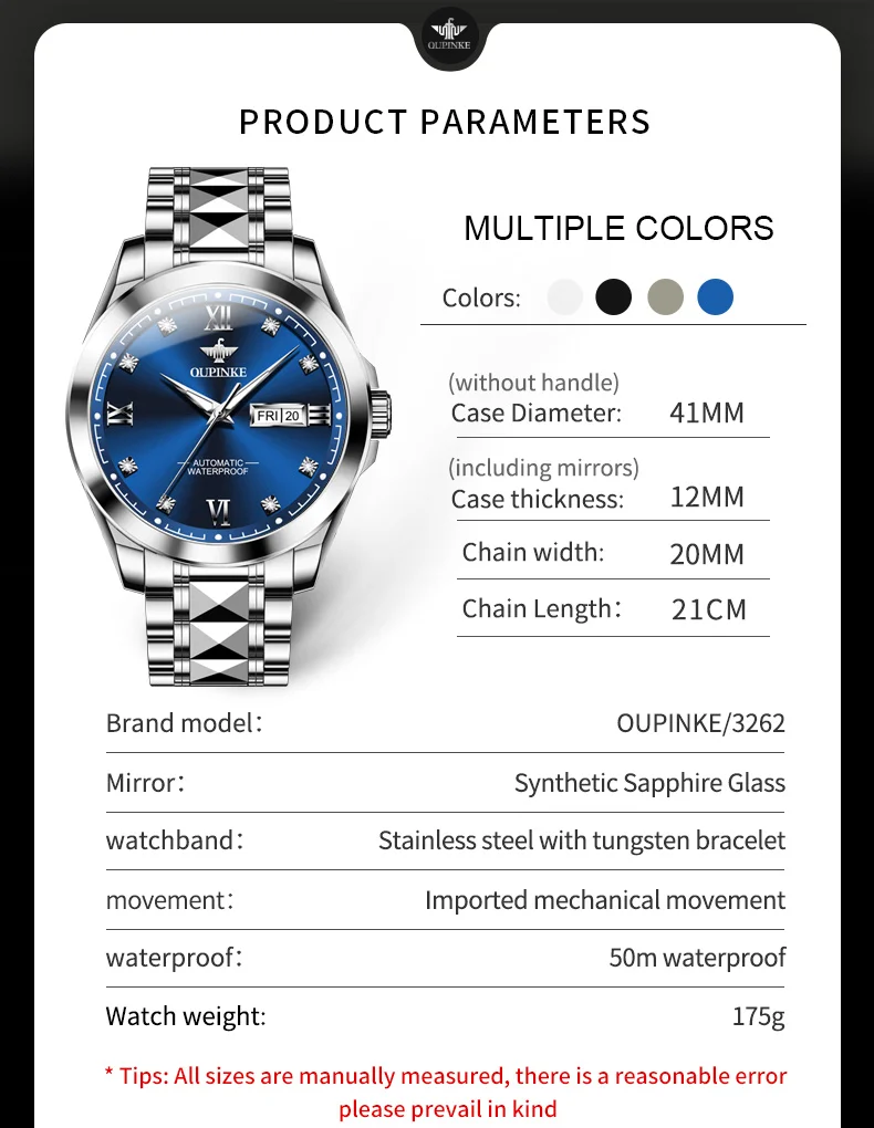 OUPINKE 3262 Classic Men's Watch Automatic Mechanical Dual Calendar Display Hand Clock Imported Japan Movements Wristwatch