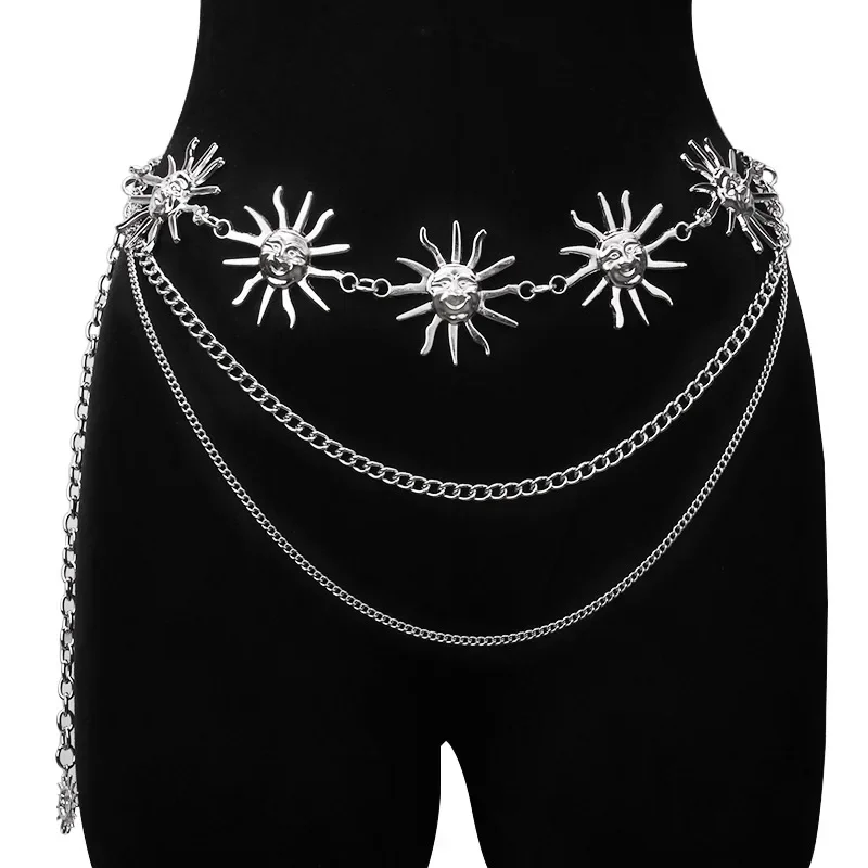 Feminino metal sol lua corpo corrente punk gótico europeu ajustável vestido cintos de cintura jóias acessórios metal corpo corrente