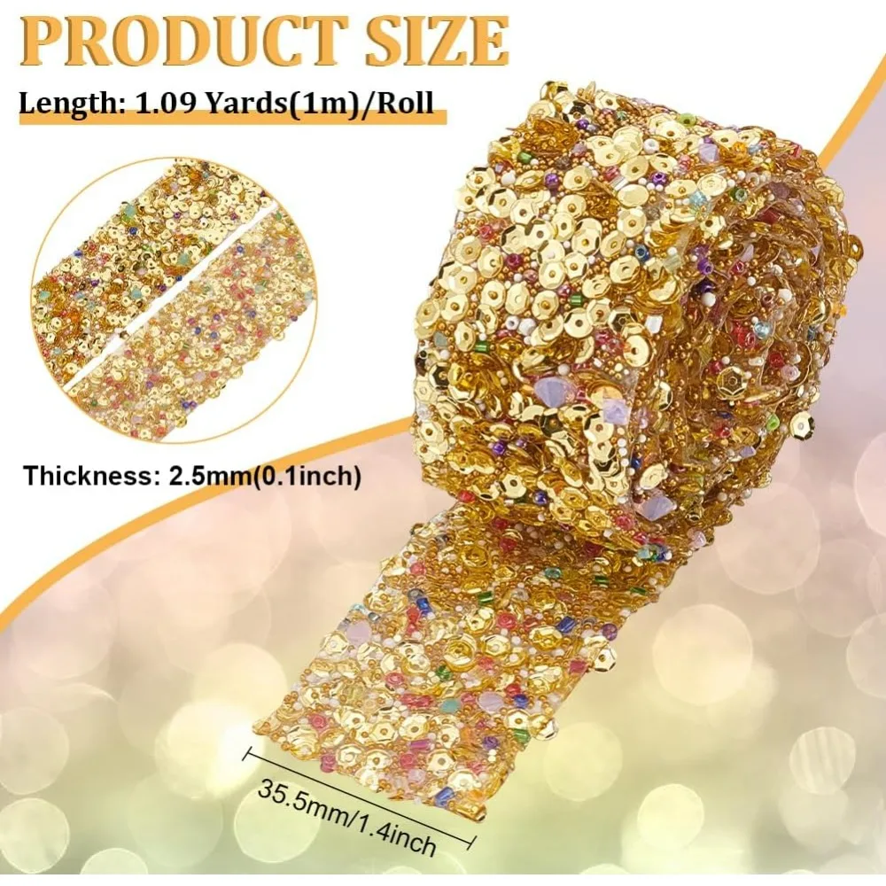 1 Yard Colorful Rhinestone Trim Hotfix Ribbon 1.4 Inch Golden Bling Hotfix Crystal Sewing Ribbon Plastic Mesh Wrap Ribbon