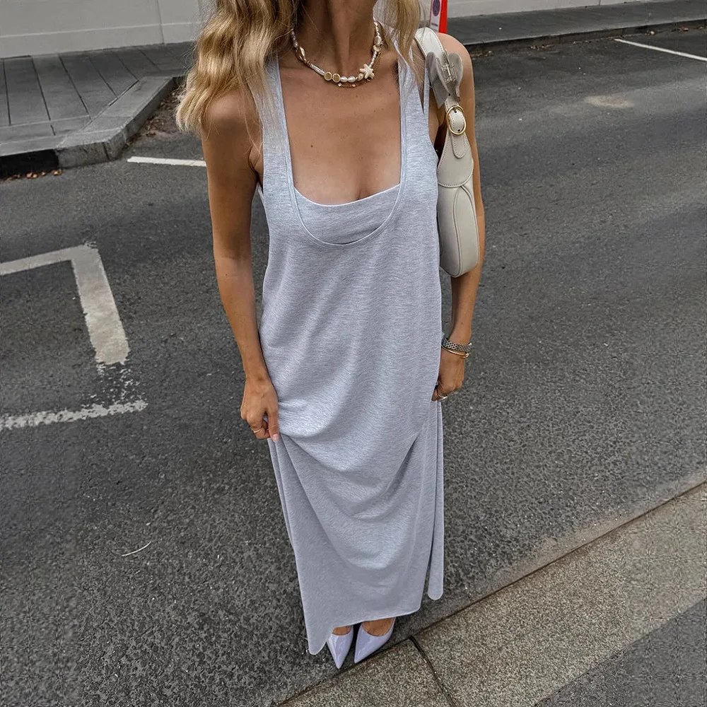 

Women's 2-piece Solid Color V-neck Tube Top Sleeveless Backless Oversized Long Skirt Women's Suit 2025 Summer Women Street Wear