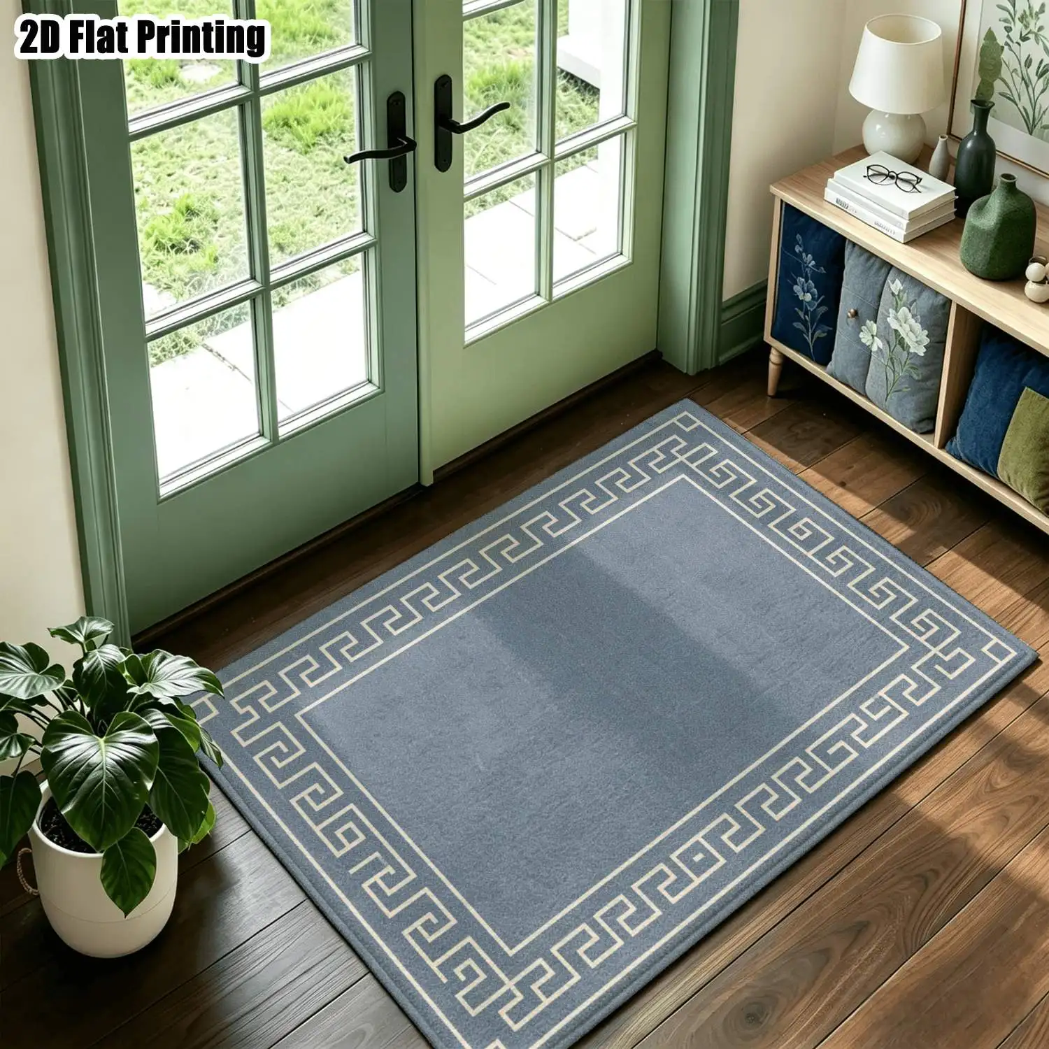 1Pc 2D Printed Carpet: Blue-Grey Herringbone Border, Vintage Geometric Minimalist Style, Machine Washable, Multi-Size, Ideal for Home Decor, Entryway/Dining Room/Bedroom/Living Room