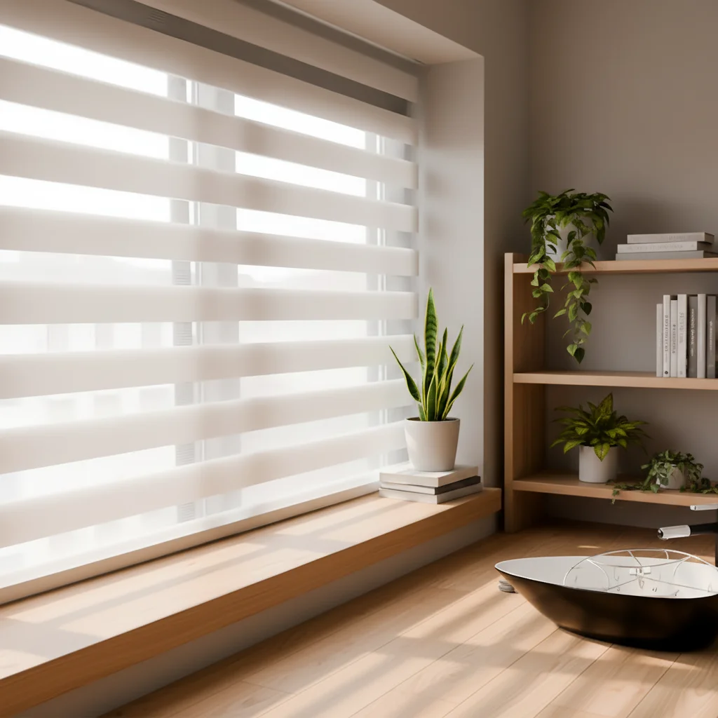 Office zebra blinds. Reduce eye strain. Adjustable light & privacy. Professional striped look. Easy to operate. Custom widths.