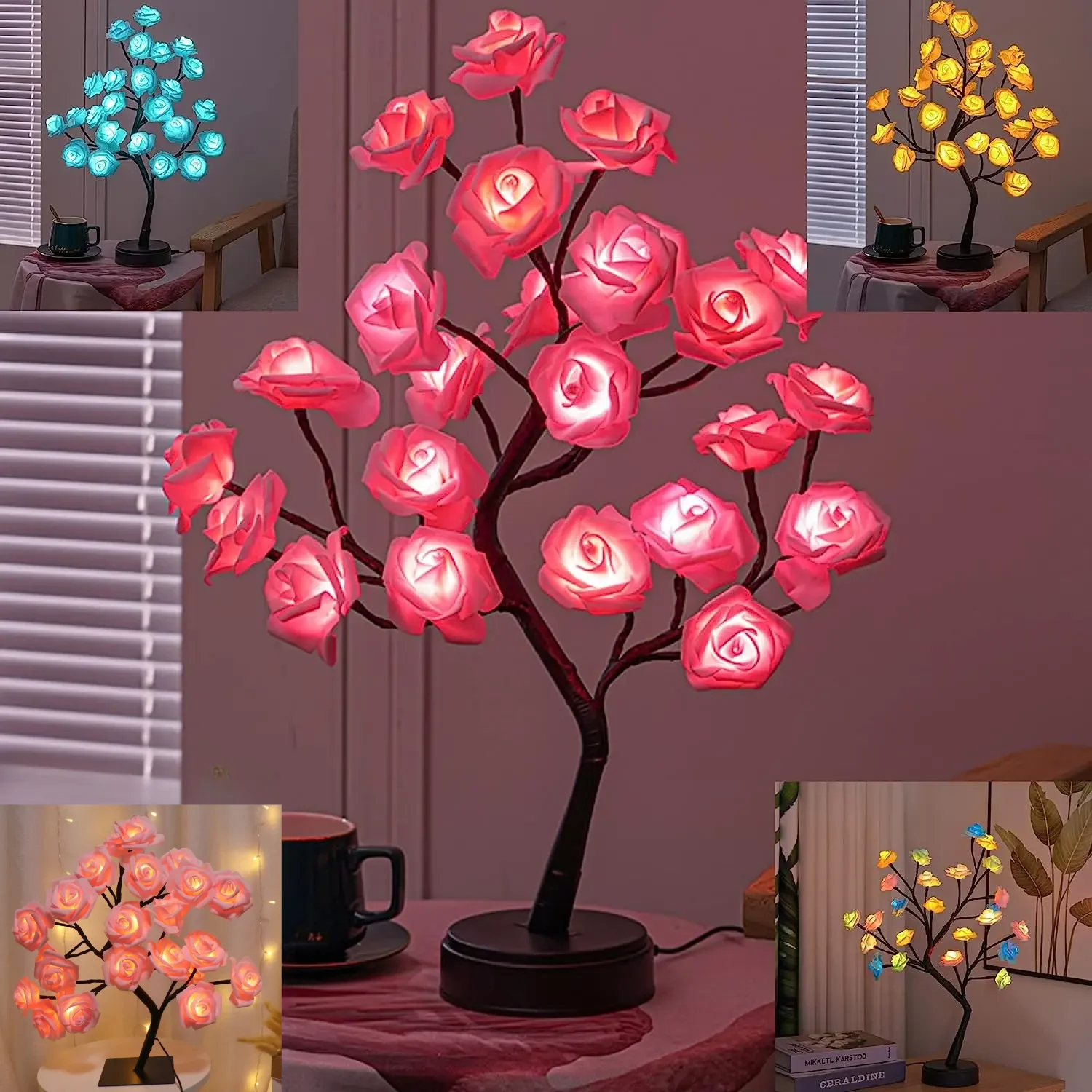 Rose Flower Tree Lights 24LED USB Battery Table Lamp Fairy Night Light Home Party Christmas Wedding Bedroom Decoration Gift