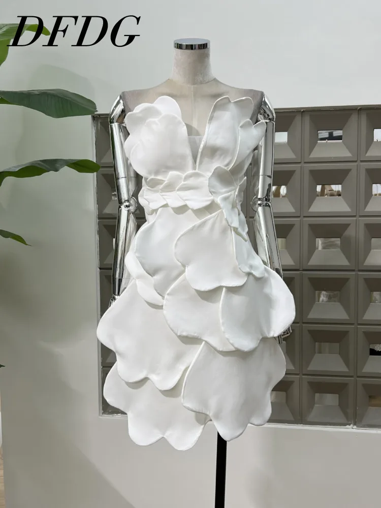 Dfdg designer feminino em camadas pétala bud vestido sem alças fino cor sólida suave romântico vestido de noite primavera verão pista 2025