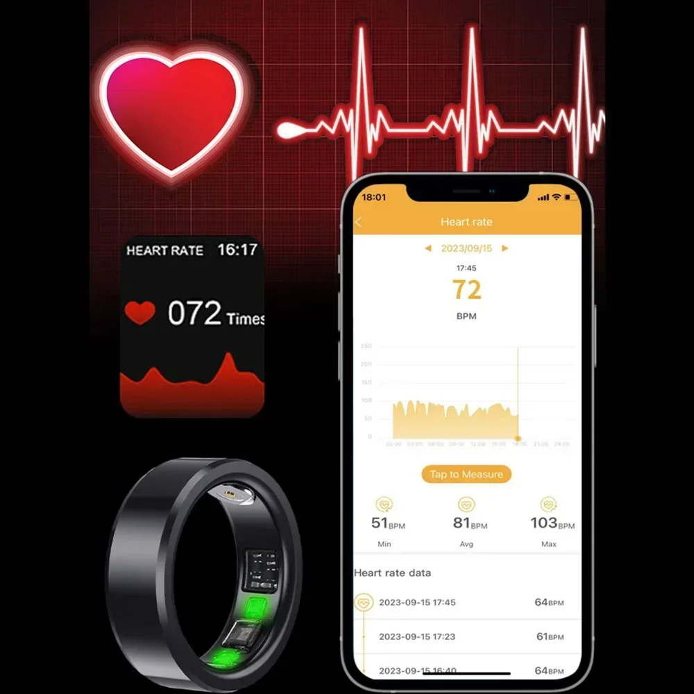 Fashion Smart Ring Health Tracker Heart Rate Blood Oxygen Body Temperature Monitoring Smart Finger Digital Ring for Men Women