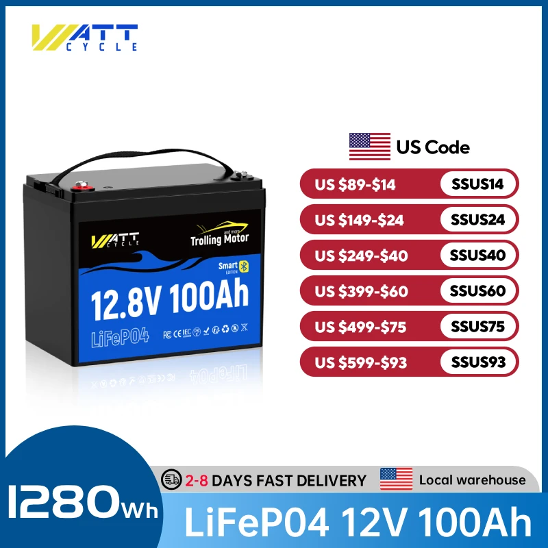 Wattcycle 12.8V 100Ah 120A BMS LiFePO4 Battery for Trolling Motors Grade A+ Cell, 15000+ Cycles Lithium Iron Phosphate Battery