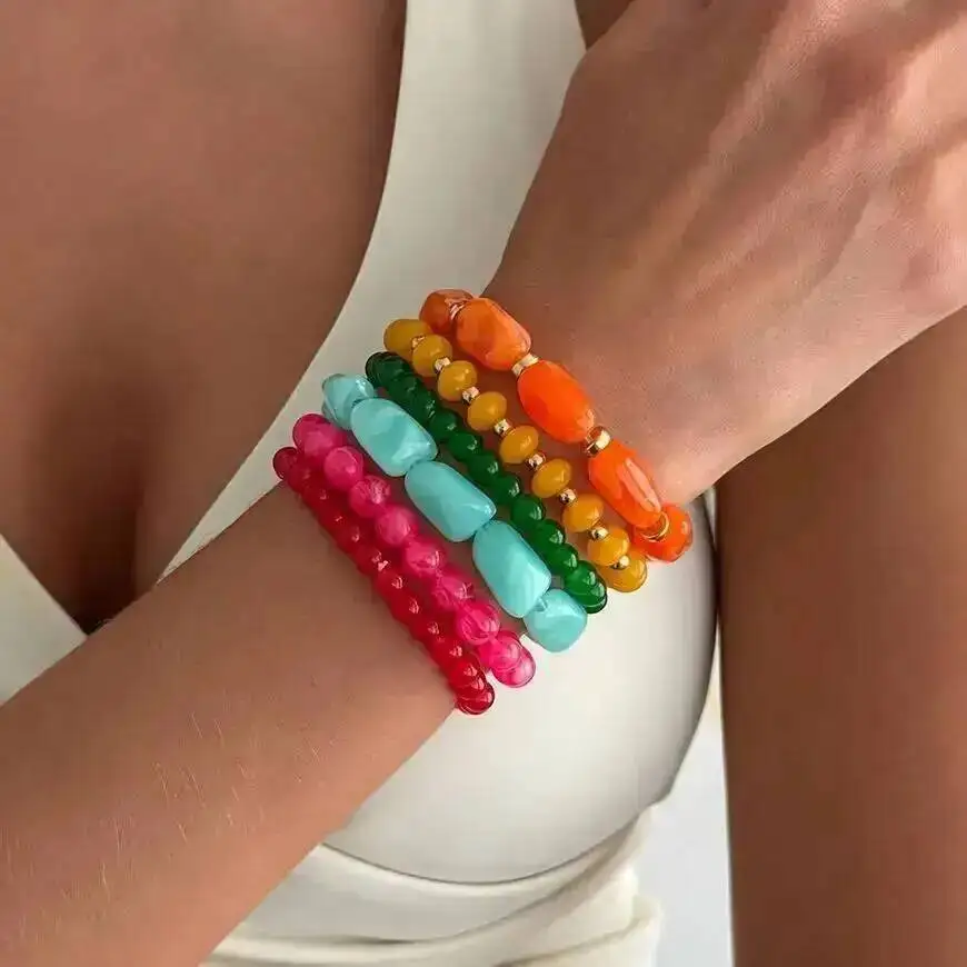 SHIXIN 6 Pcs/set New Bohemia Colorful Resin Acrylic Beads Bracelets Women 2026 New Fashion Geometric Beaded Bangles Y2K Jewelry