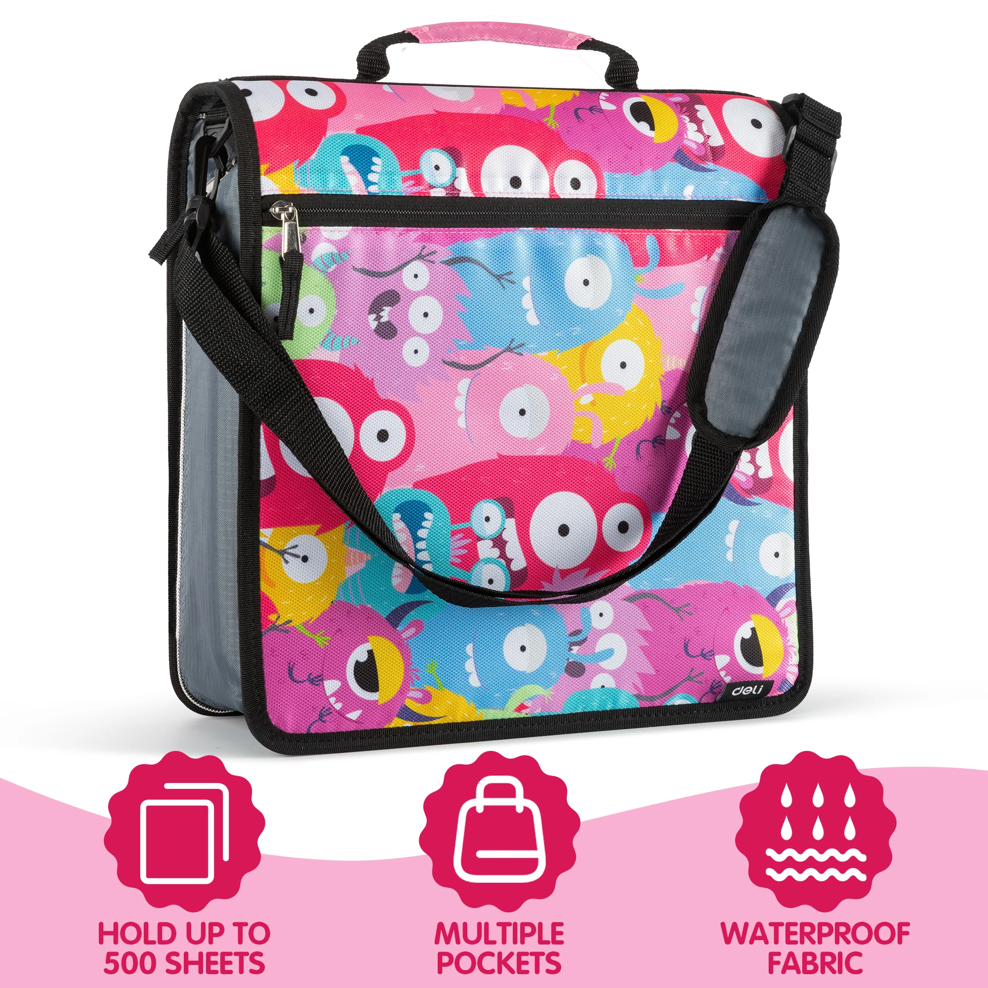 

Переплет на 3 дюйма Deli на молнии, 3 кольца, емкость 700 листов с несколькими карманами и 5 язычками, плечевой ремень