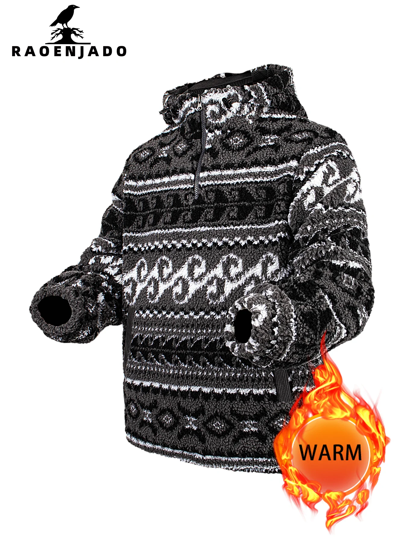 Chaqueta cárdigan de lana con capucha y media cremallera para hombre, ropa de abrigo cálida y gruesa para otoño e invierno con bolsillos, abrigo informal con patrón Retro