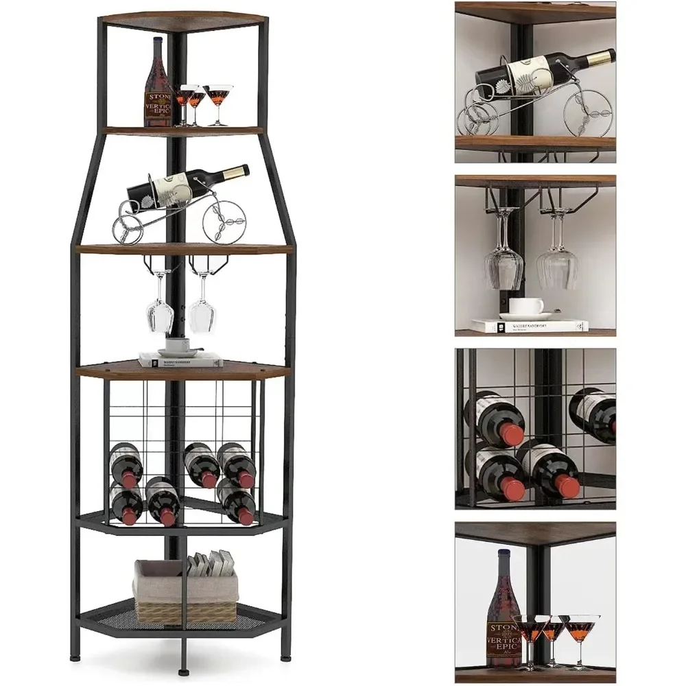 5-Tier Corner Wine Rack Freestanding Floor with Glass Holder and Bottles Storage Home Bar Industrial Metal and Wooden Shelf