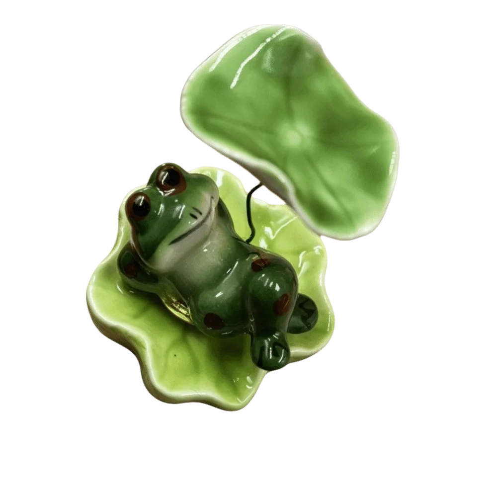 Decorative Ceramic Laying Frog Statue Lotus Leaf Funny Desktop Decoration Home Ornaments Attract Wealth Frog Rotating Gift
