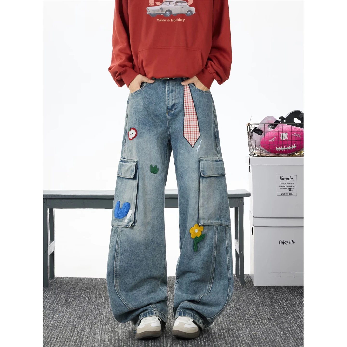 

Мужские джинсы в стиле ретро-американской рабочей одежды, свободного кроя, прямые, с многослойным дизайном и вышивкой, модные повседневные прямые джинсы