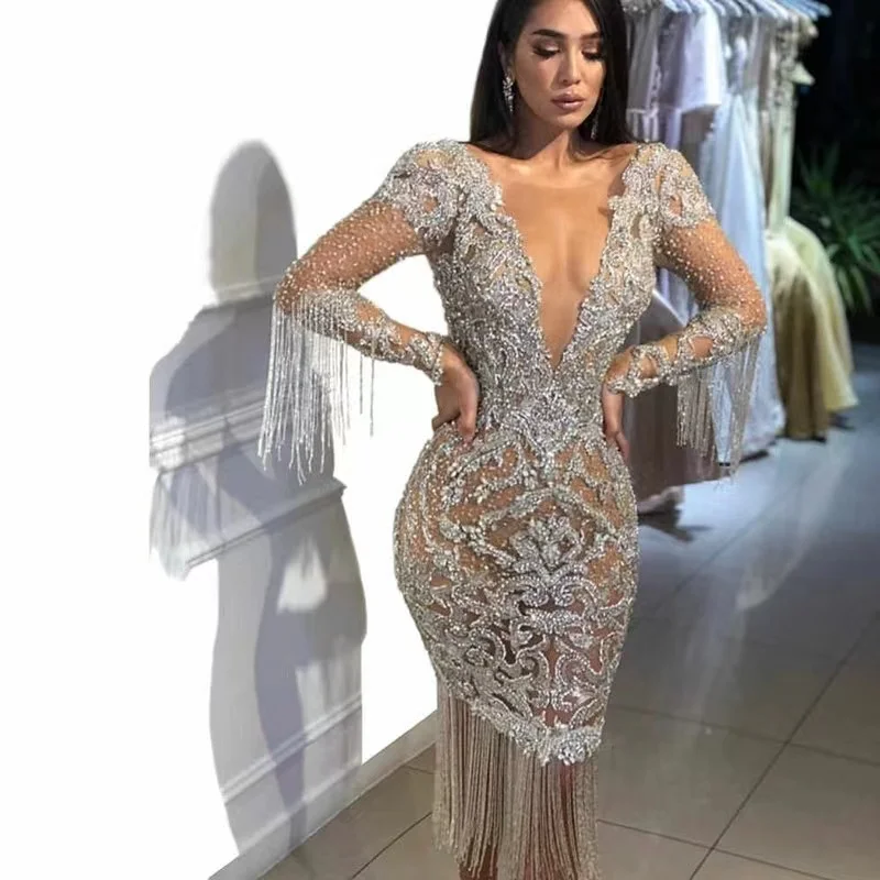 

2022 Women Sexy Sequins Glitter V-neck MiniSolid Bodycon Dresses Ladies Long Sleeve PartyClub Dress Clothes