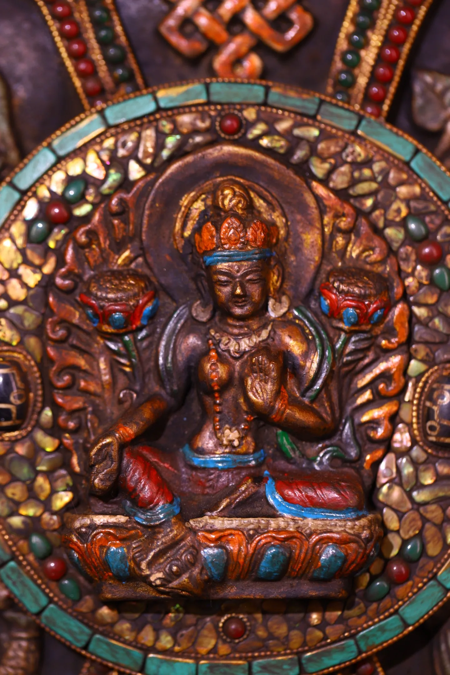Old Wipe Buddha Painted Mosaic Gem gZi Beads Tancheng Lucky Eight Treasures Pattern Green Tara Buddha Thangka hanging panel