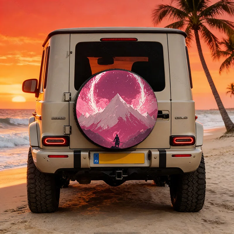 Polyester Car Tire Cover With Lonely Samurai And Pink Cherry Blossom Mountain Scene Design, Fits Various Vehicle Models For Spar